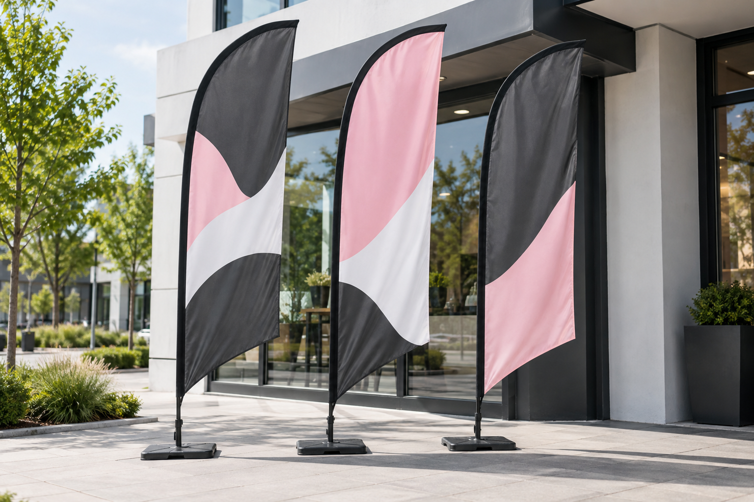 Wind banners personalizados em frente a uma loja